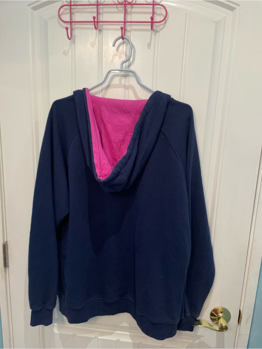 Cabela's Navy Blue V-Neck Hooded Sweatshirt with Pink Logo - Picture 2 of 6
